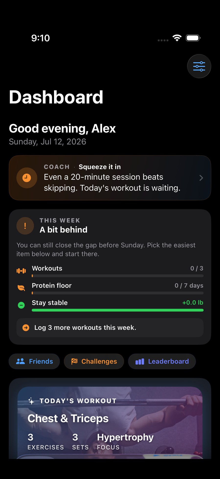 Forgd dashboard with a coach note and this week's progress